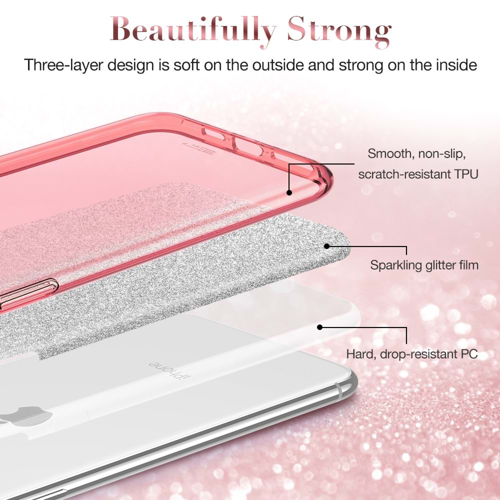 ESR iPhone 11 Pro Max Kılıf, Makeup Glitter,Rose Gold