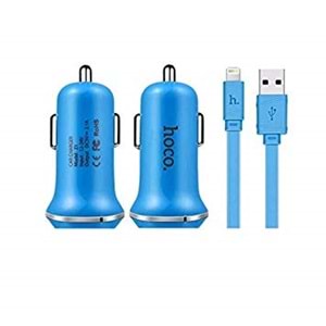 Hoco Z1 Araç Şarj Başlığı(2.1 A Max Çift USB Giriş) + Apple (8pin)Kablo Mavi